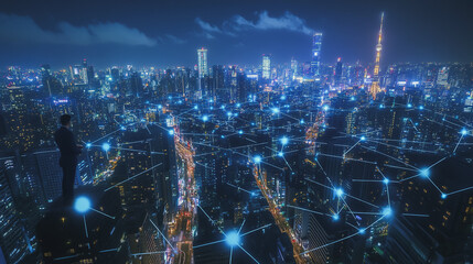 Smart digital Innovation city with connection network reciprocity over the cityscape. of future smart wireless digital city and social media networking systems that connects people with in city