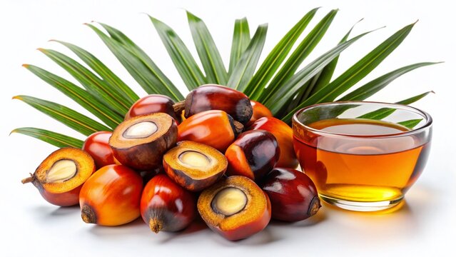 Fresh Palm Nuts and Palm Oil on White Background - Sustainable Food Ingredient