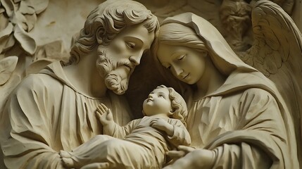 Close-up Photo: Tenderly Holding the Holy Family, a Serene Carving Detail. AI Generated © heinng