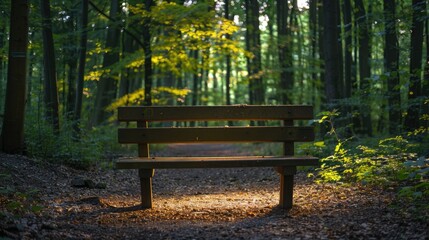 Fototapeta premium A wooden bench in a forest, softly illuminated by gentle ambient light