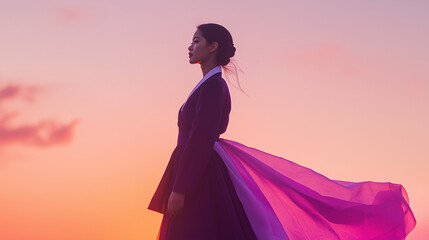 girl in the sunset, a female model wearing a traditional Korean hanbok