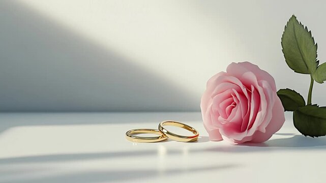 pink rose and rings of engagement for copy space 