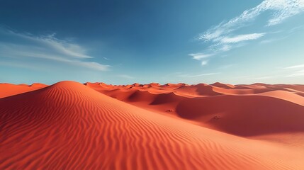 Fototapeta premium Wide Shot Photo: Vibrant Red Sand Dunes Gleaming Under a Vivid Blue Desert Sky. AI Generated