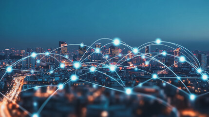 Smart digital Innovation city with connection network reciprocity over the cityscape. of future smart wireless digital city and social media networking systems that connects people with in city