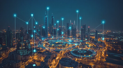 Fototapeta premium Smart digital Innovation city with connection network reciprocity over the cityscape. of future smart wireless digital city and social media networking systems that connects people with in city