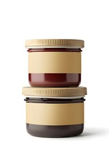 A stack of three blank label mockup for glass jar, each with different color surfaces and shades, set against an isolated white background
