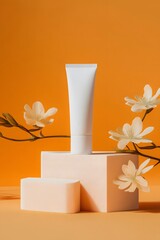 A tube of cream stands on two pieces of soap. The background features light orange and white colors with flowers