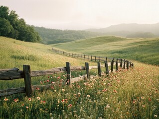 Obraz premium A serene landscape featuring rolling hills, a wooden fence, and colorful wildflowers.