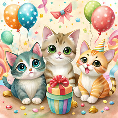 Fototapeta premium Three adorable kittens celebrate a birthday with balloons and a gift.