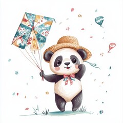 Cheerful panda wearing a straw hat holding a colorful kite on a white background