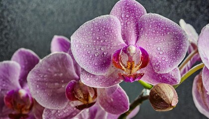 Close-up of a violet orchid with water droplets on the petals