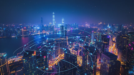 Fototapeta premium Smart digital Innovation city with connection network reciprocity over the cityscape. of future smart wireless digital city and social media networking systems that connects people with in city