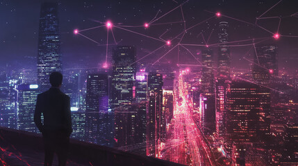 Smart digital Innovation city with connection network reciprocity over the cityscape. of future smart wireless digital city and social media networking systems that connects people with in city
