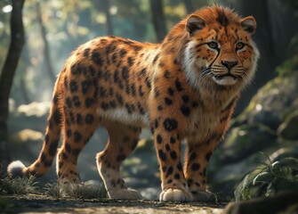 Obraz premium Majestic Cheetah in Lush Forest Habitat: A Digital Painting of a Wild Cat