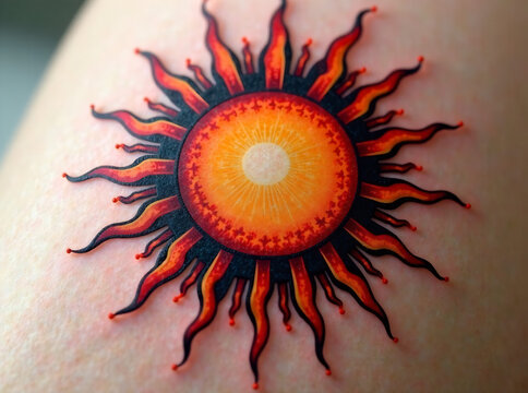 A distinctive tattoo design featuring a sun