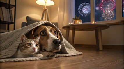 Obraz na płótnie Canvas Dog and Cat Under Blanket Watching Fireworks from Window