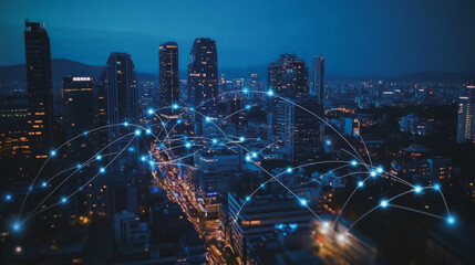 Fototapeta premium Smart digital Innovation city with connection network reciprocity over the cityscape. of future smart wireless digital city and social media networking systems that connects people with in city