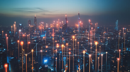 Fototapeta premium Smart digital Innovation city with connection network reciprocity over the cityscape. of future smart wireless digital city and social media networking systems that connects people with in city