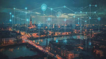 Smart digital Innovation city with connection network reciprocity over the cityscape. of future smart wireless digital city and social media networking systems that connects people with in city