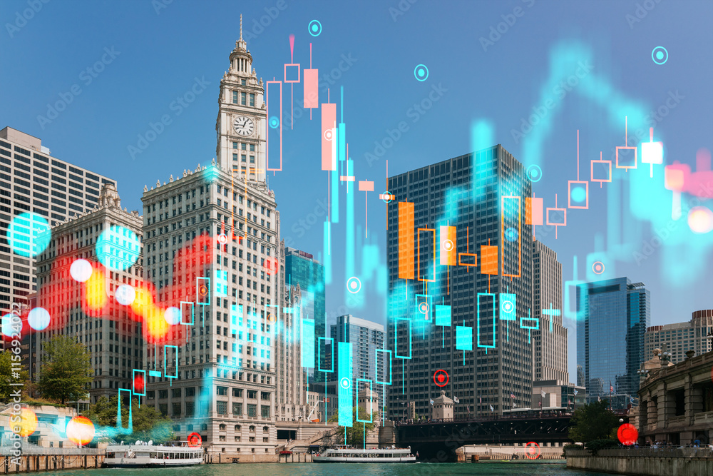 Poster chicago cityscape overlaid with colorful graphics depicting security and tech concepts on a clear sk