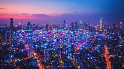 Obraz premium Smart digital Innovation city with connection network reciprocity over the cityscape. of future smart wireless digital city and social media networking systems that connects people with in city
