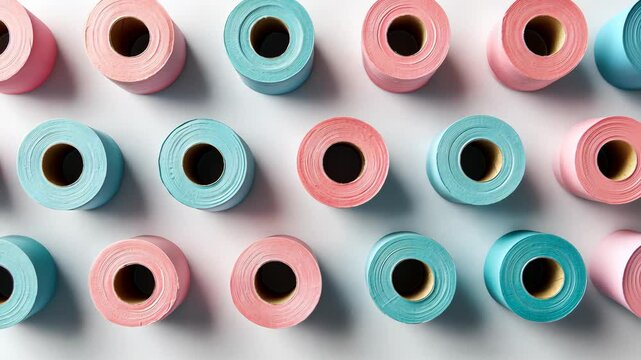 Colorful spools of thread arranged in a grid pattern showcasing crafting supplies in soft pastels