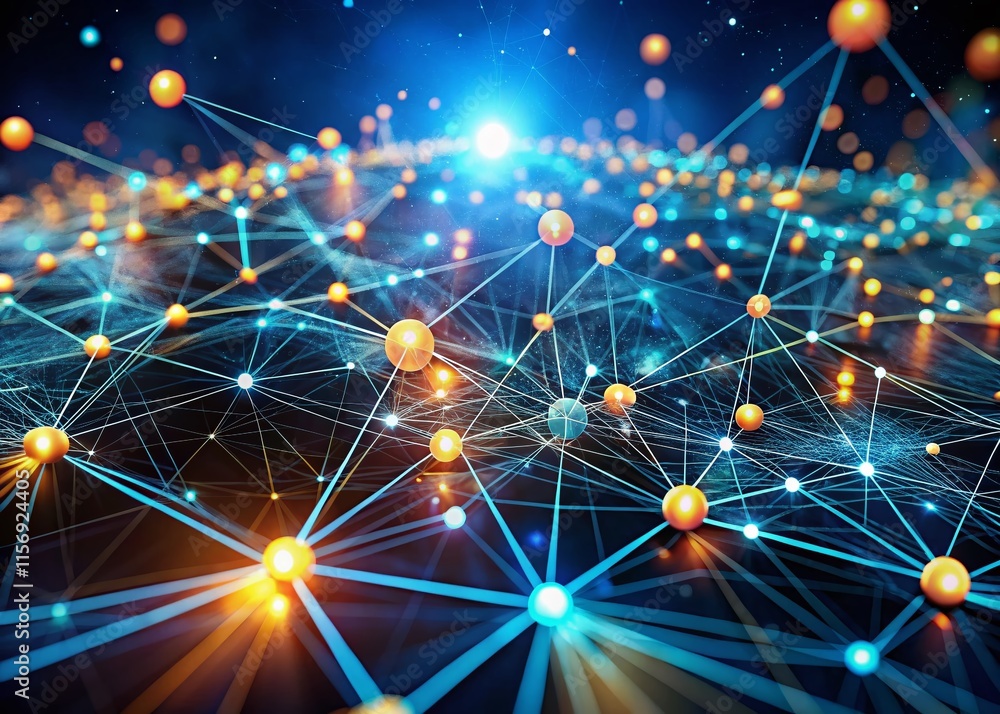 Poster futuristic cybersecurity network: data flow & protected nodes with bokeh effect - stock photo