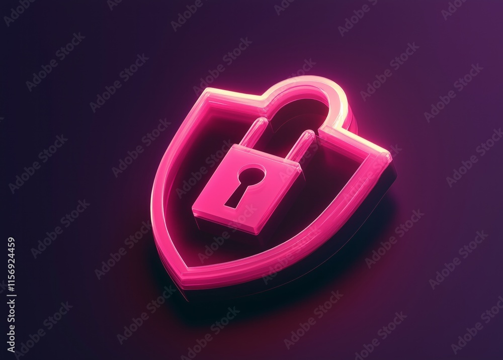 Poster cybersecurity shield protection digital privacy neon lock safeguard data security 3d render