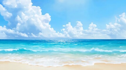 Fototapeta premium Vibrant Digital Painting: Serene Ocean Scene with Fluffy Clouds. AI Generated