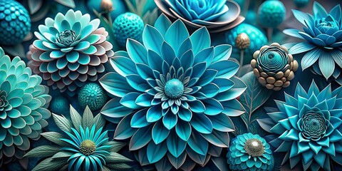 Futuristic Cyan Flower Panoramic Wallpaper: Stunning Petals & Decorative Blooms
