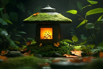 Naklejka premium Moss-covered stone lantern glowing softly in a serene forest setting, surrounded by vibrant green plants and fallen autumn leaves