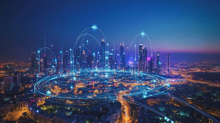 Obraz premium Smart digital Innovation city with connection network reciprocity over the cityscape. of future smart wireless digital city and social media networking systems that connects people with in city