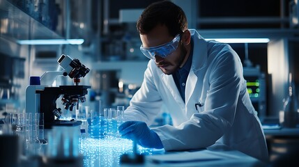 Close-up Photo: Focused Scientist Carefully Examining Samples in Modern Lab. AI Generated