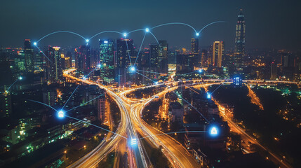 Fototapeta premium Smart digital Innovation city with connection network reciprocity over the cityscape. of future smart wireless digital city and social media networking systems that connects people with in city