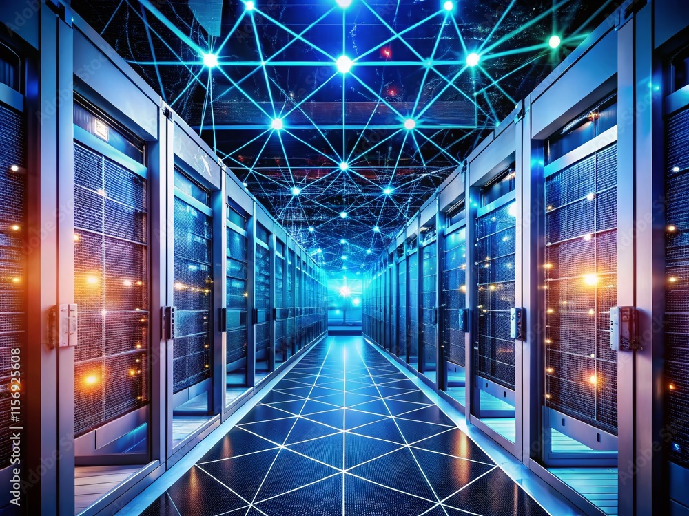 Poster futuristic network nodes: interconnected data centers and technology infrastructure