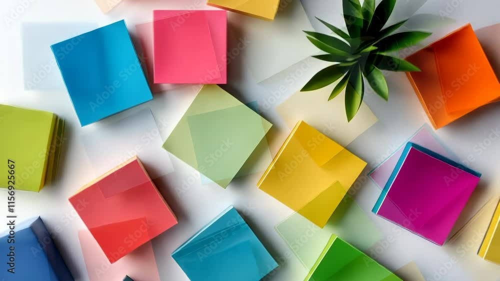 Poster bunch of colorful sticky notes are arranged in a grid on a white background. the notes are of variou