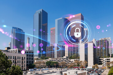 Los Angeles skyline with hologram of security concept, photo manipulation of cityscape with...