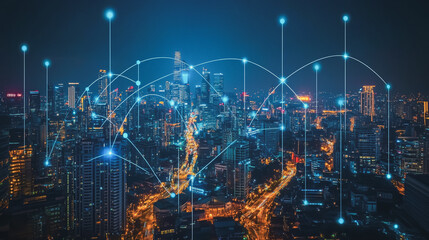 Obraz premium Smart digital Innovation city with connection network reciprocity over the cityscape. of future smart wireless digital city and social media networking systems that connects people with in city