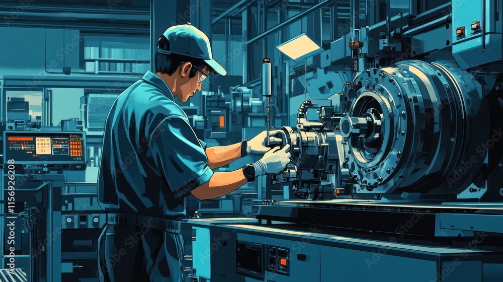 Poster factory worker inspecting large machine part.