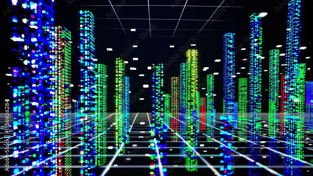 Poster a vibrant digital landscape with luminous data towers representing advanced technology and innovatio