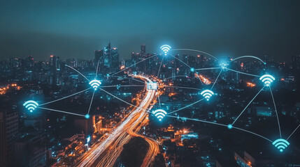 Obraz premium Smart digital Innovation city with connection network reciprocity over the cityscape. of future smart wireless digital city and social media networking systems that connects people with in city