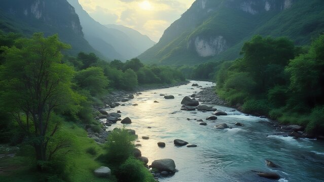 Scenic river valley, rocky stream, lush green forest, misty mountains - Powered by Adobe
