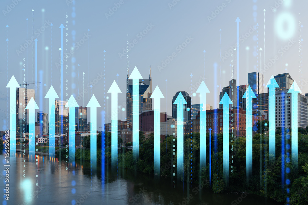 Poster a double exposure of nashville skyline with digital hologram arrows and binary code, representing fu