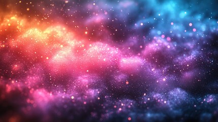 Dreamlike nebula clouds blending vibrant shades of purple, blue, and orange, dotted with glowing stars and sparkles, evoking a sense of cosmic wonder and serenity. Background
