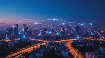 Obraz premium Smart digital Innovation city with connection network reciprocity over the cityscape. of future smart wireless digital city and social media networking systems that connects people with in city