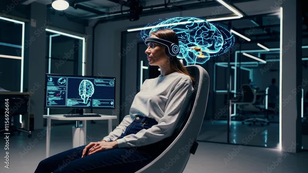 Poster innovative brain research in a modern laboratory with advanced technology and data analysis