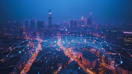 Fototapeta premium Smart digital Innovation city with connection network reciprocity over the cityscape. of future smart wireless digital city and social media networking systems that connects people with in city