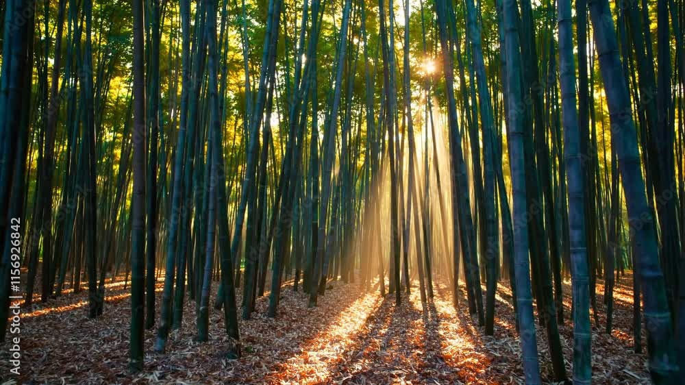 Poster a serene bamboo forest illuminated by sunlight, creating a tranquil atmosphere with rays of light pi
