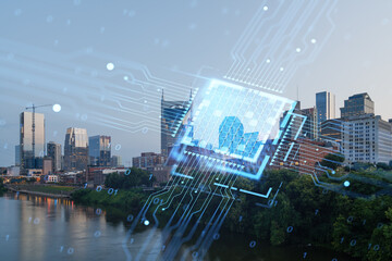 Double exposure of Nashville cityscape with holographic security patterns overlay, futuristic technology and security concept. Double exposure
