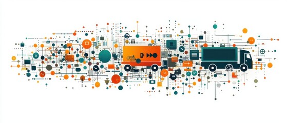 Colorful Graphic Abstract Illustration of Delivery Trucks and Icons